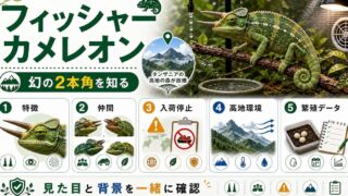 フィッシャーカメレオンの特徴や飼育方法・育て方・生息地・繁殖・注意点について解説！【フタヅノ】の要点を伝えるカメレオン・爬虫類記事アイキャッチ画像