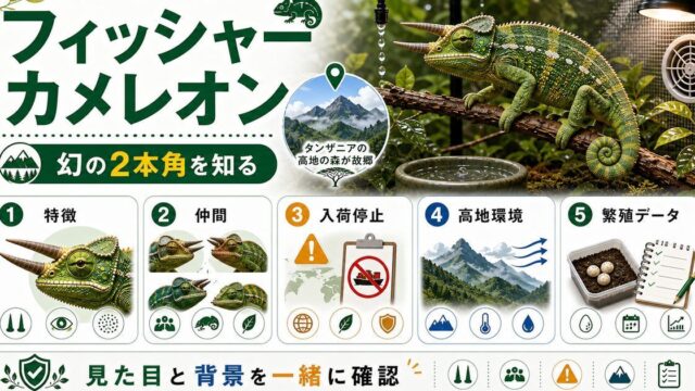 フィッシャーカメレオンの特徴や飼育方法・育て方・生息地・繁殖・注意点について解説！【フタヅノ】の要点を伝えるカメレオン・爬虫類記事アイキャッチ画像