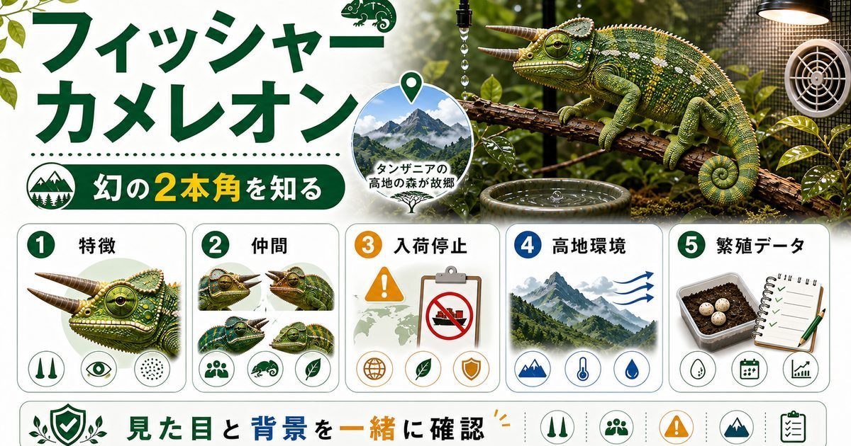 フィッシャーカメレオンの特徴や飼育方法・育て方・生息地・繁殖・注意点について解説！【フタヅノ】の要点を伝えるカメレオン・爬虫類記事アイキャッチ画像