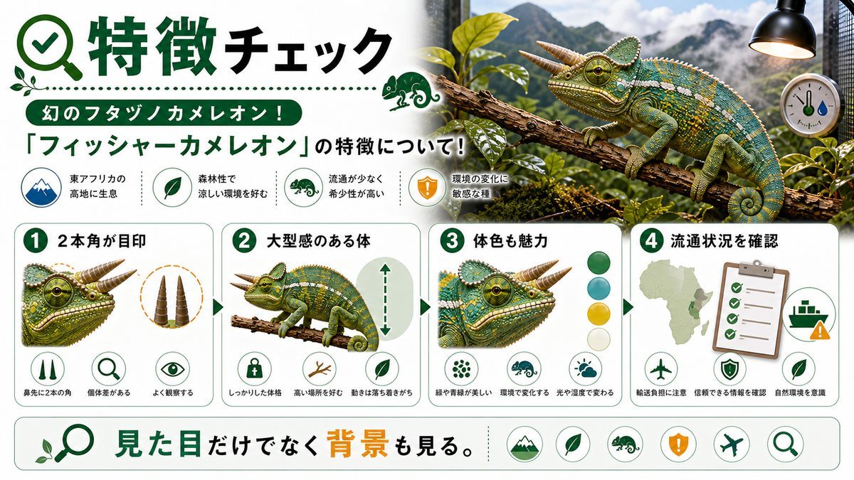 幻のフタヅノカメレオン！「フィッシャーカメレオン」の特徴について！の要点をまとめたカメレオン・爬虫類飼育インフォグラフィック