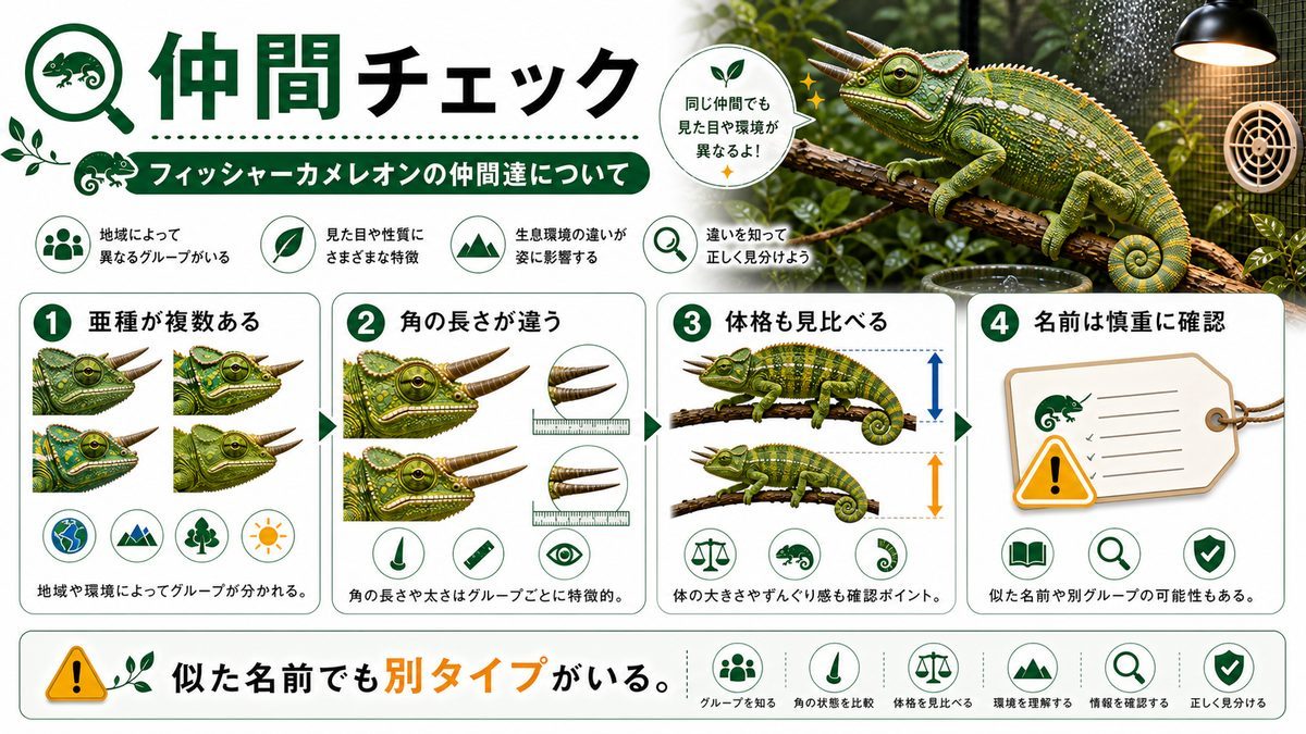 フィッシャーカメレオンの仲間達についての要点をまとめたカメレオン・爬虫類飼育インフォグラフィック