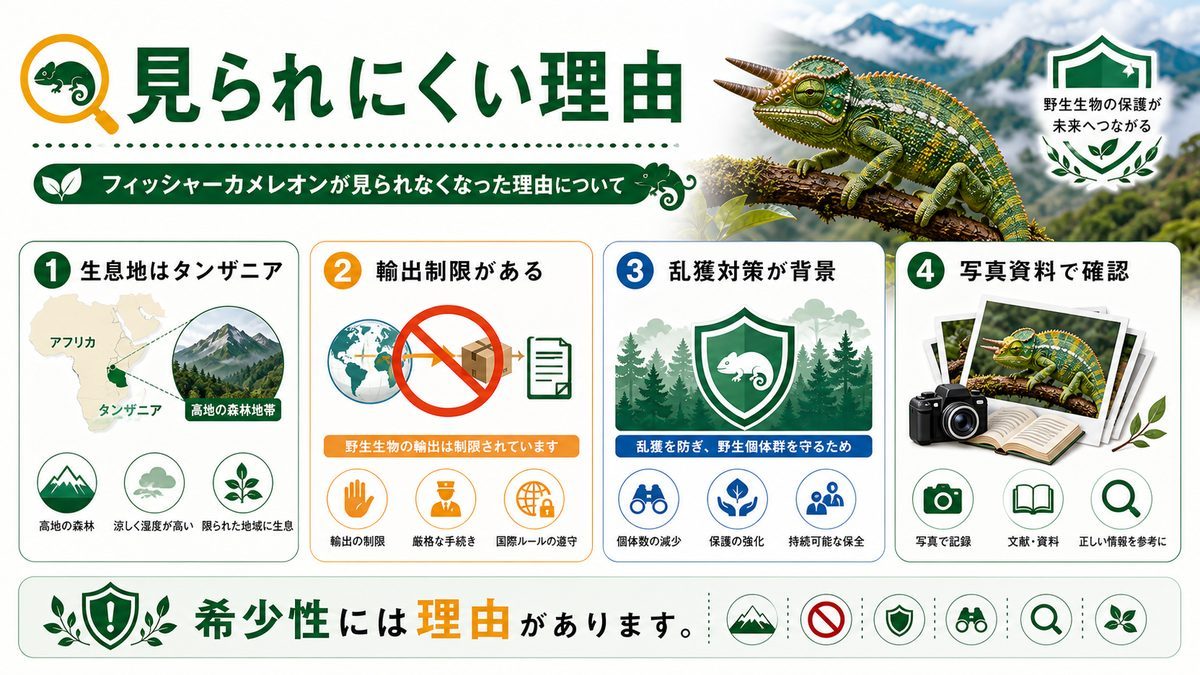 フィッシャーカメレオンが見られなくなった理由についての要点をまとめたカメレオン・爬虫類飼育インフォグラフィック