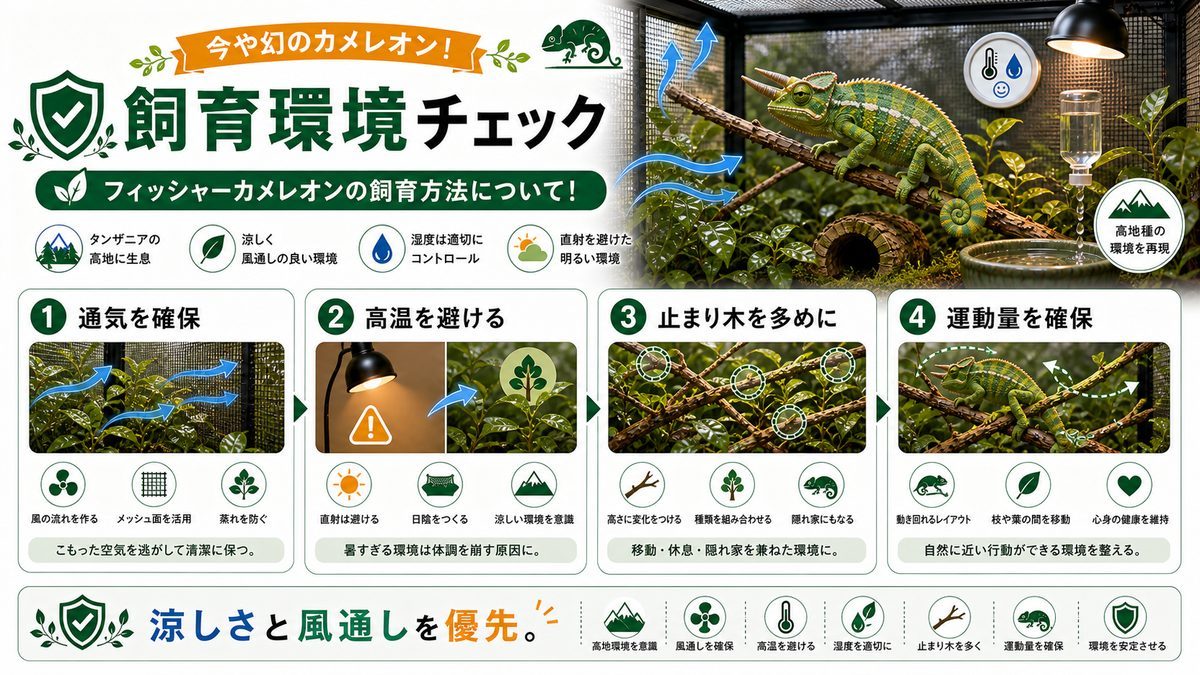 今や幻のカメレオン！フィッシャーカメレオンの飼育方法について！の要点をまとめたカメレオン・爬虫類飼育インフォグラフィック