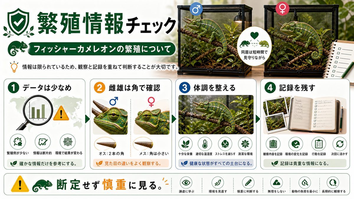 フィッシャーカメレオンの繁殖についての要点をまとめたカメレオン・爬虫類飼育インフォグラフィック
