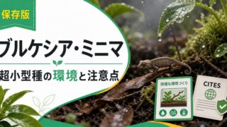 ブルケシア・ミニマ完全ガイド！世界最小のカメレオンの特徴・生態・飼育方法の要点を伝えるカメレオン・爬虫類記事アイキャッチ画像