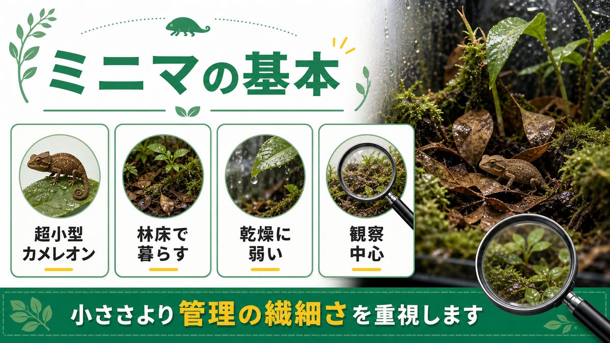 基本スペック一覧の要点をまとめたカメレオン・爬虫類飼育インフォグラフィック