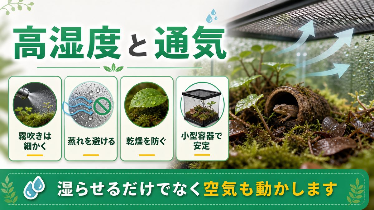 高湿度管理とミスティングの要点をまとめたカメレオン・爬虫類飼育インフォグラフィック
