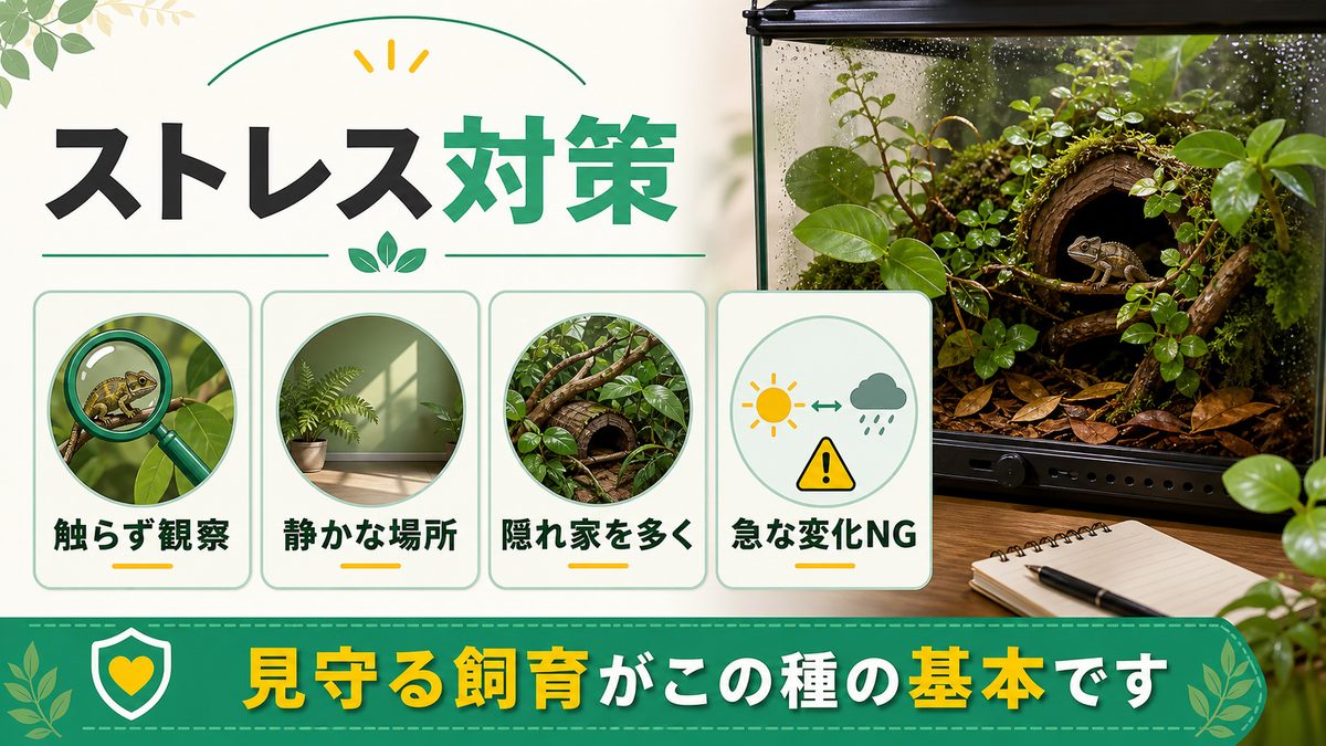 ストレスへの注意——この種を殺す最大の原因の要点をまとめたカメレオン・爬虫類飼育インフォグラフィック