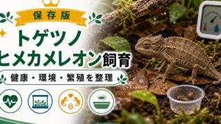 【トゲツノヒメカメレオンの飼い方】病気・繁殖・餌・飼育環境レイアウトを実際に飼っている筆者が紹介！の要点を伝えるカメレオン・爬虫類記事アイキャッチ画像