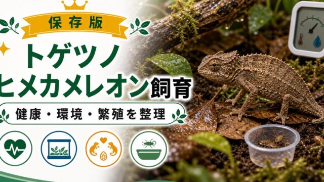 【トゲツノヒメカメレオンの飼い方】病気・繁殖・餌・飼育環境レイアウトを実際に飼っている筆者が紹介！の要点を伝えるカメレオン・爬虫類記事アイキャッチ画像