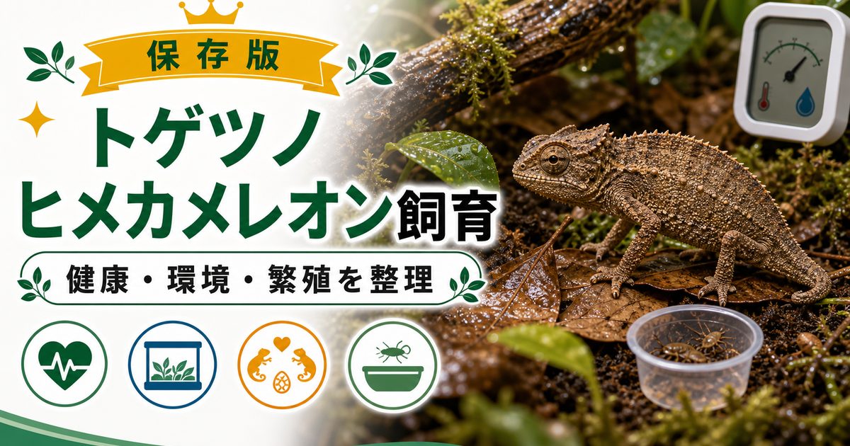 【トゲツノヒメカメレオンの飼い方】病気・繁殖・餌・飼育環境レイアウトを実際に飼っている筆者が紹介！の要点を伝えるカメレオン・爬虫類記事アイキャッチ画像