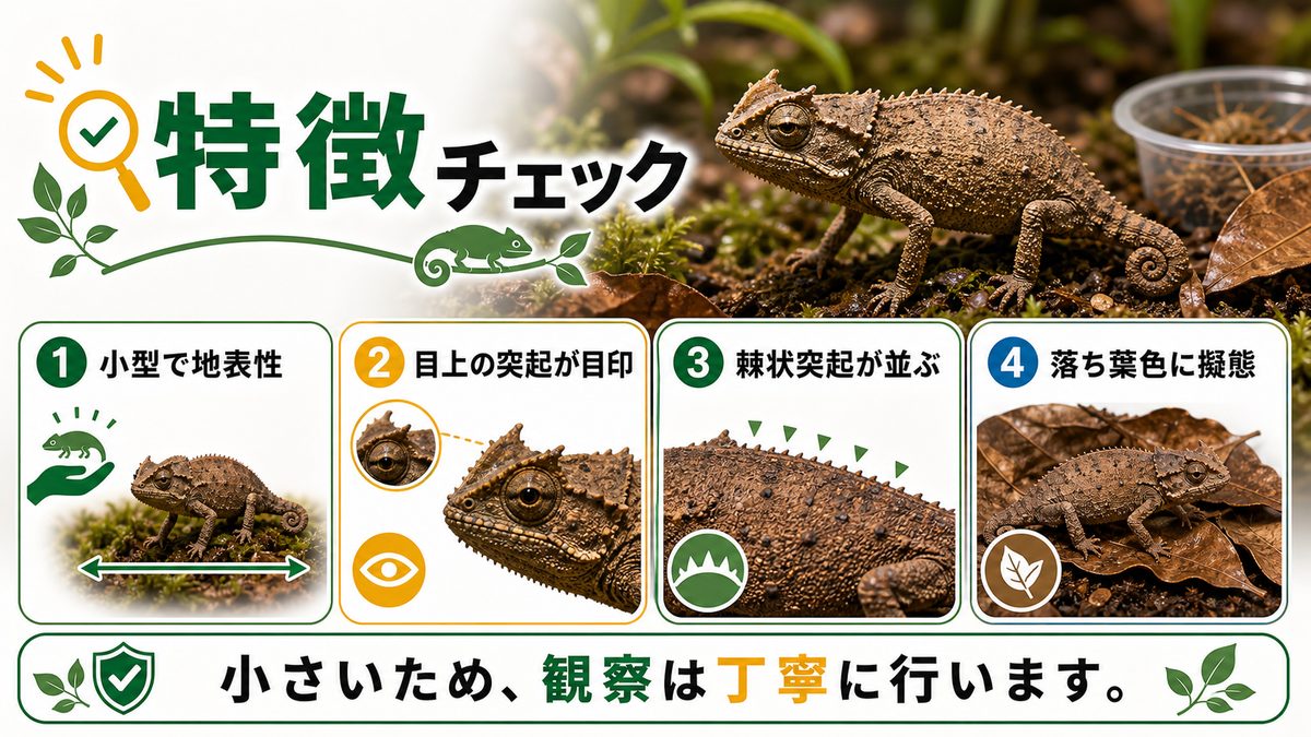 ジト目で見つめる小型カメレオン！トゲツノヒメカメレオンの特徴についての要点をまとめたカメレオン・爬虫類飼育インフォグラフィック