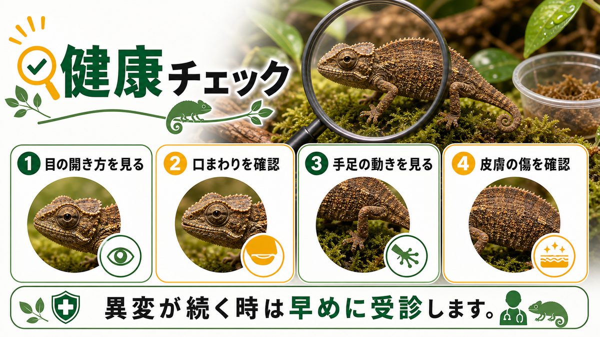 トゲツノヒメカメレオンの健康チェックについての要点をまとめたカメレオン・爬虫類飼育インフォグラフィック