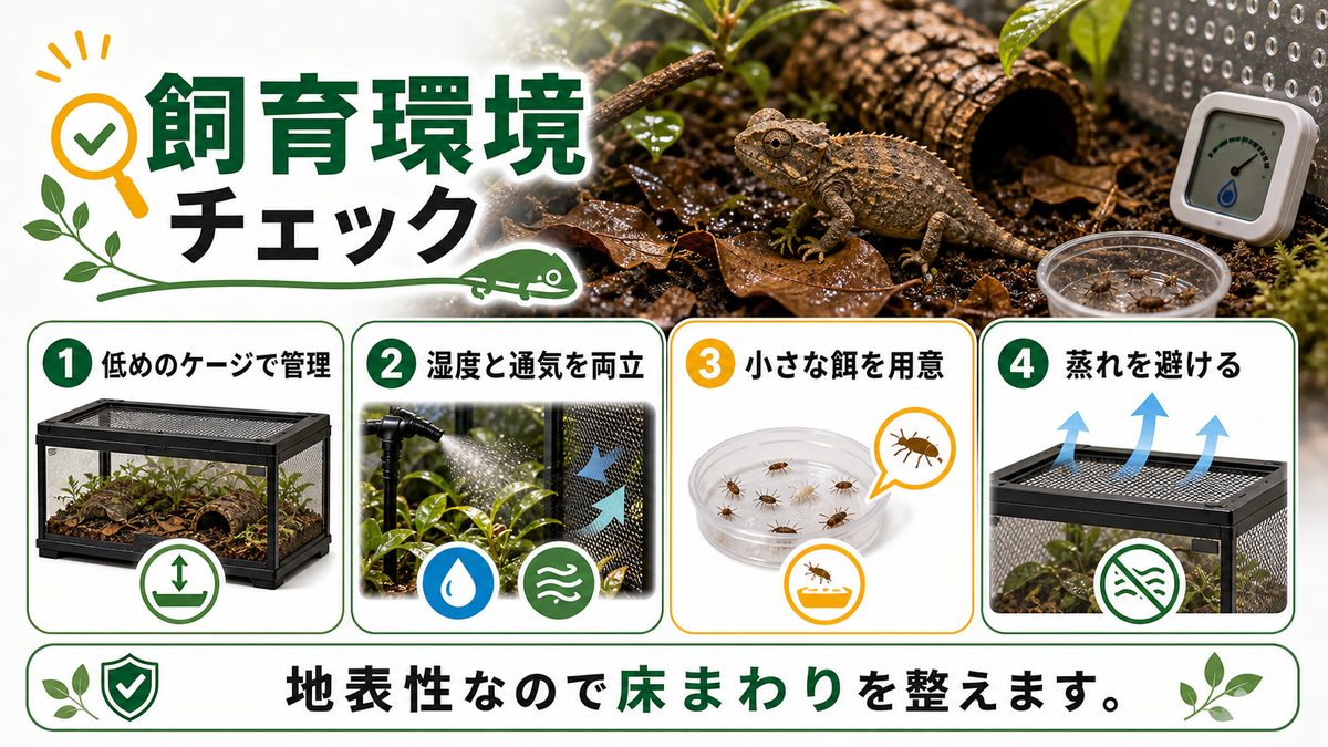 トゲツノヒメカメレオンの飼育方法についての要点をまとめたカメレオン・爬虫類飼育インフォグラフィック