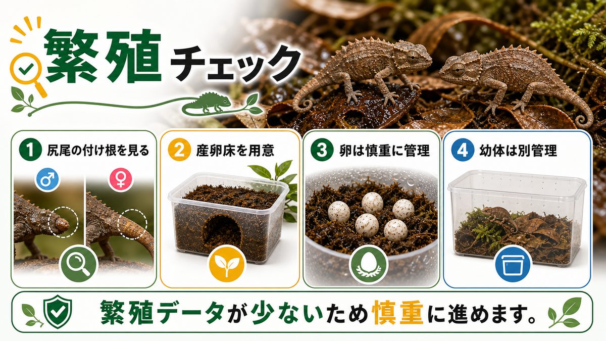 トゲツノヒメカメレオンの繁殖についての要点をまとめたカメレオン・爬虫類飼育インフォグラフィック
