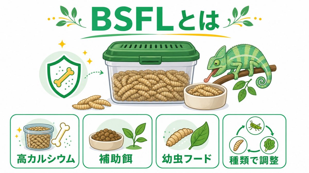 BSFLとは？栄養価と爬虫類への効果の要点をまとめたカメレオン・爬虫類飼育インフォグラフィック