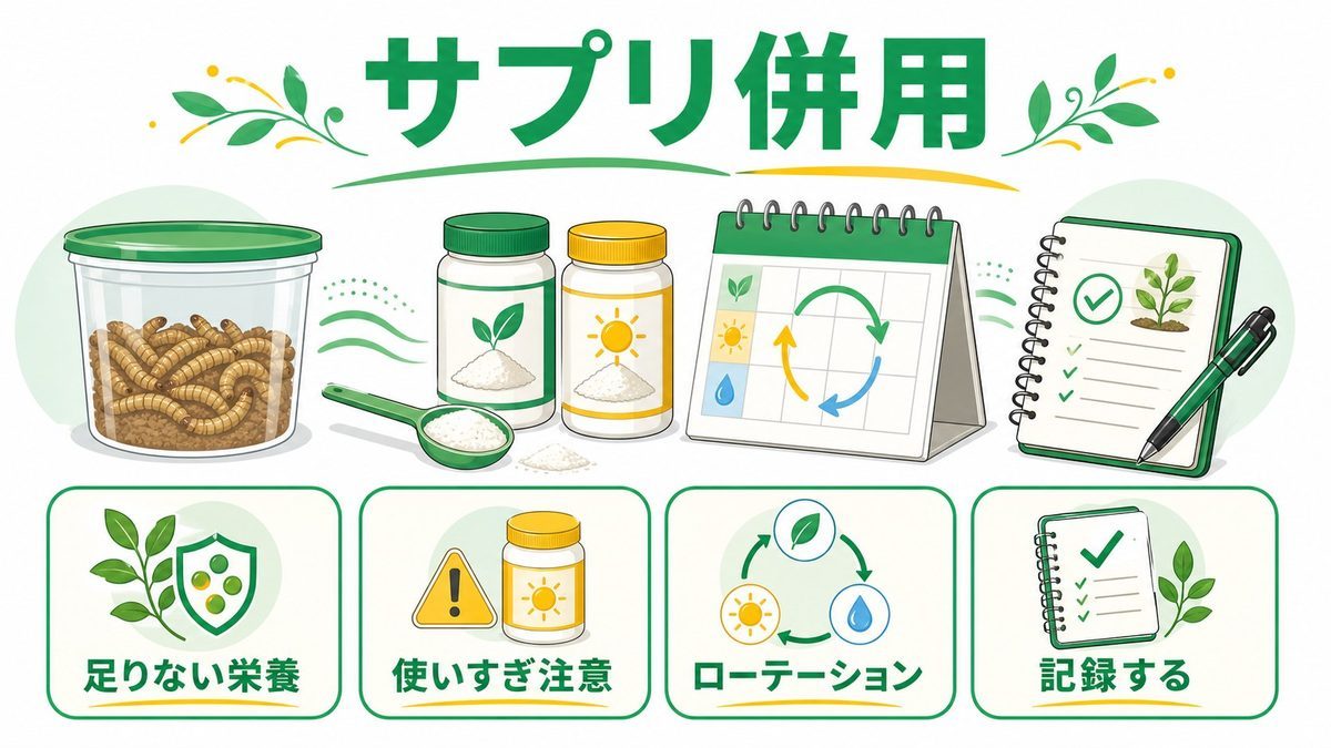 ダスティング（カルシウムパウダー）との組み合わせの要点をまとめたカメレオン・爬虫類飼育インフォグラフィック