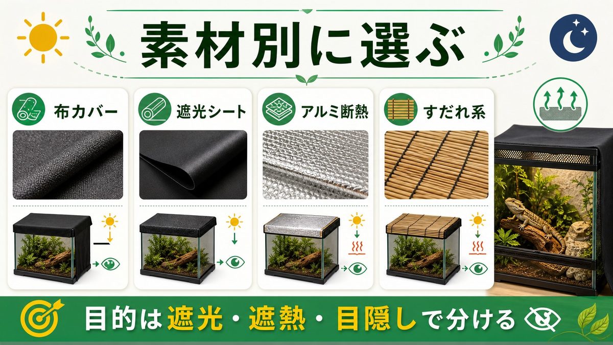遮光カバーの種類と素材別比較|あなたに合うのはどれ?の要点をまとめたカメレオン・爬虫類飼育インフォグラフィック