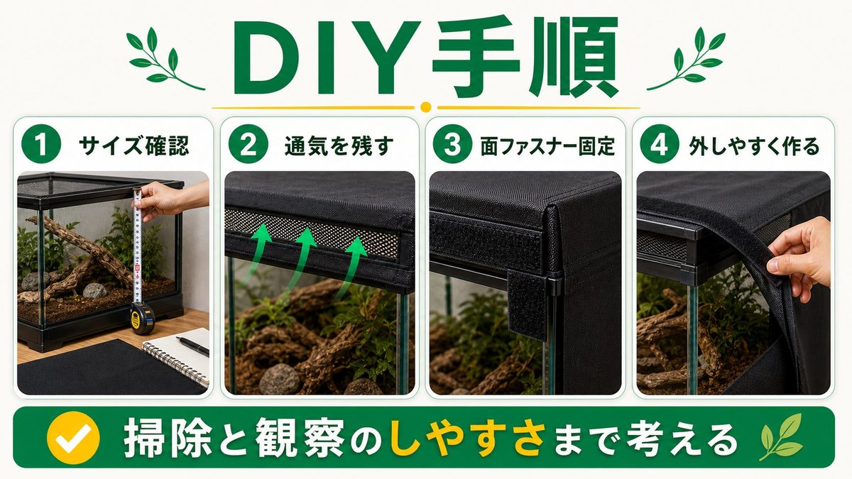 DIY遮光カバーガイド|自作でコストと自由度を両立の要点をまとめたカメレオン・爬虫類飼育インフォグラフィック