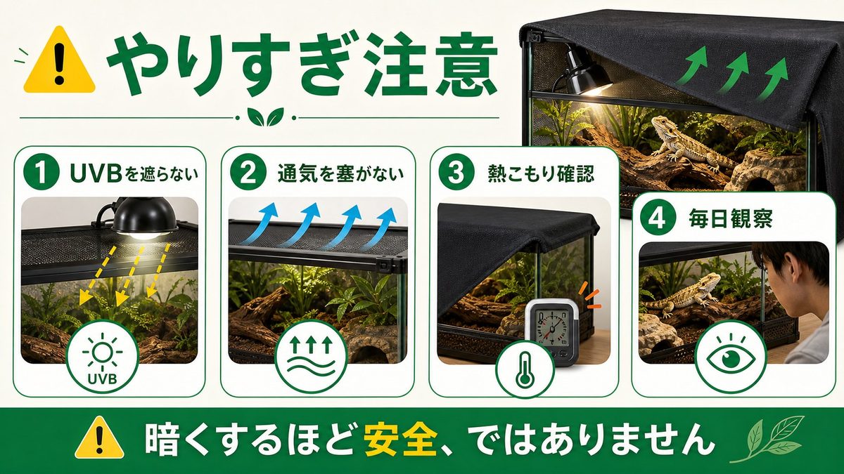 注意点と失敗例|遮光のやりすぎが招く落とし穴の要点をまとめたカメレオン・爬虫類飼育インフォグラフィック