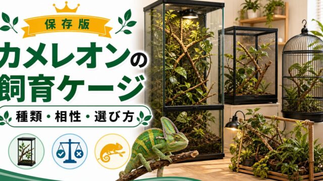 【おすすめ】カメレオンの飼育ケージ13種類を徹底解説！メリットデメリット・相性と飼育可能な生体も紹介！の要点を伝えるカメレオン・爬虫類記事アイキャッチ画像