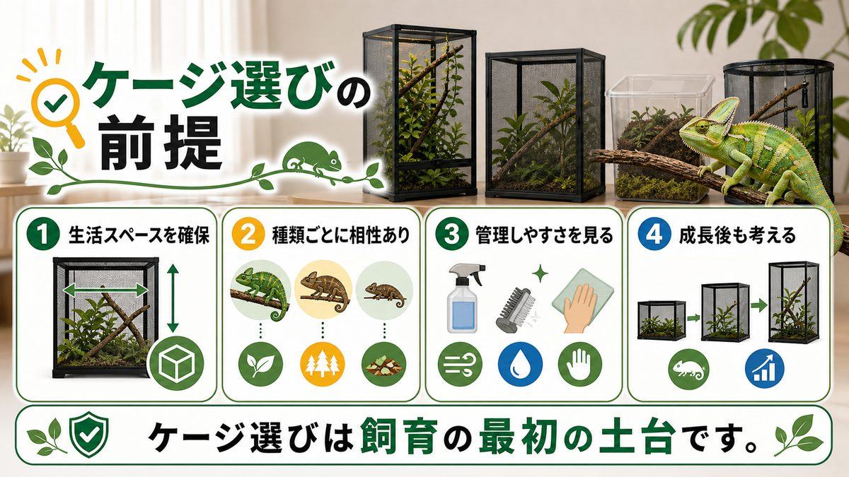 スタンダードから意外なものまでカメレオンの飼育ケージを解説！の要点をまとめたカメレオン・爬虫類飼育インフォグラフィック