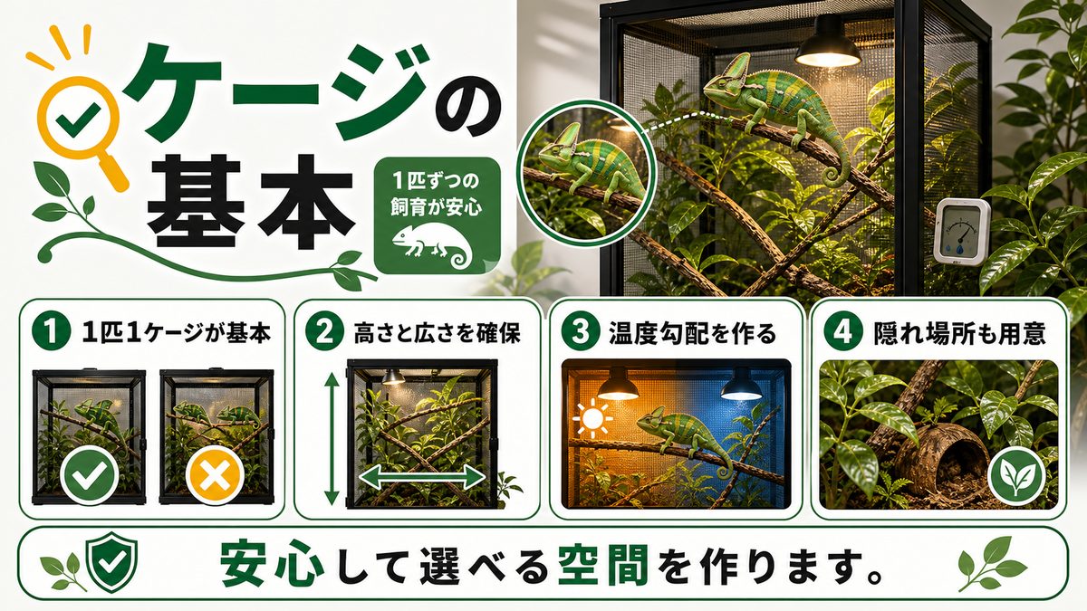 カメレオンと飼育ケージのお話の要点をまとめたカメレオン・爬虫類飼育インフォグラフィック