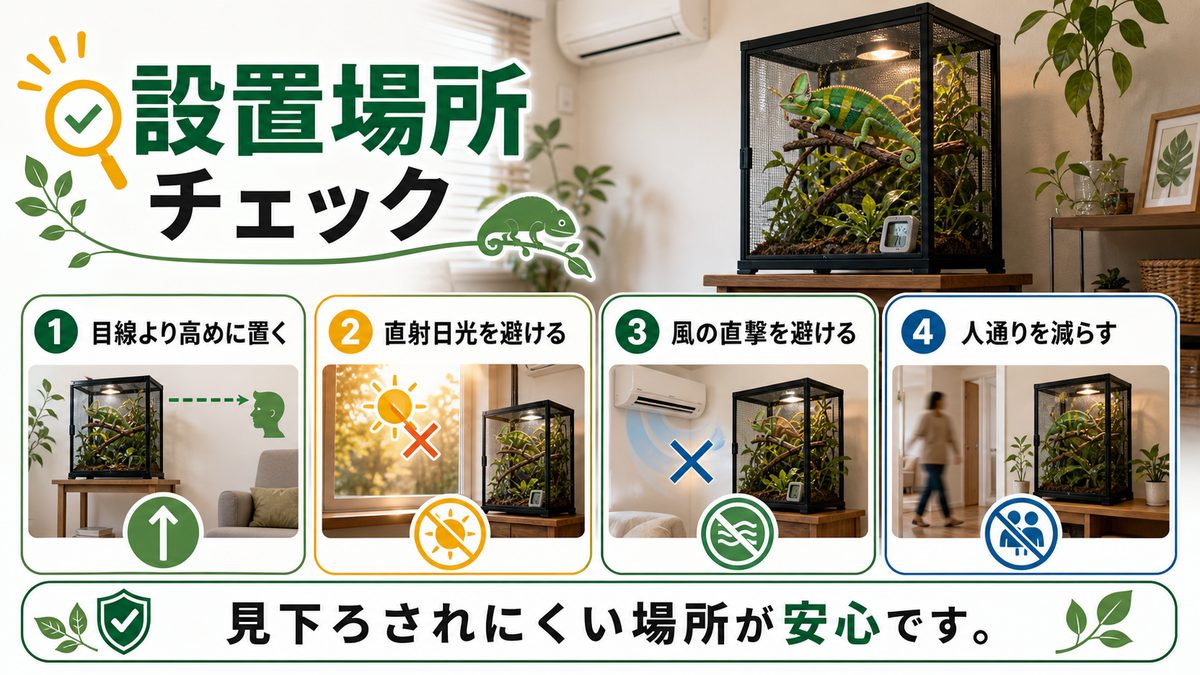 ケージの設置場所は？の要点をまとめたカメレオン・爬虫類飼育インフォグラフィック