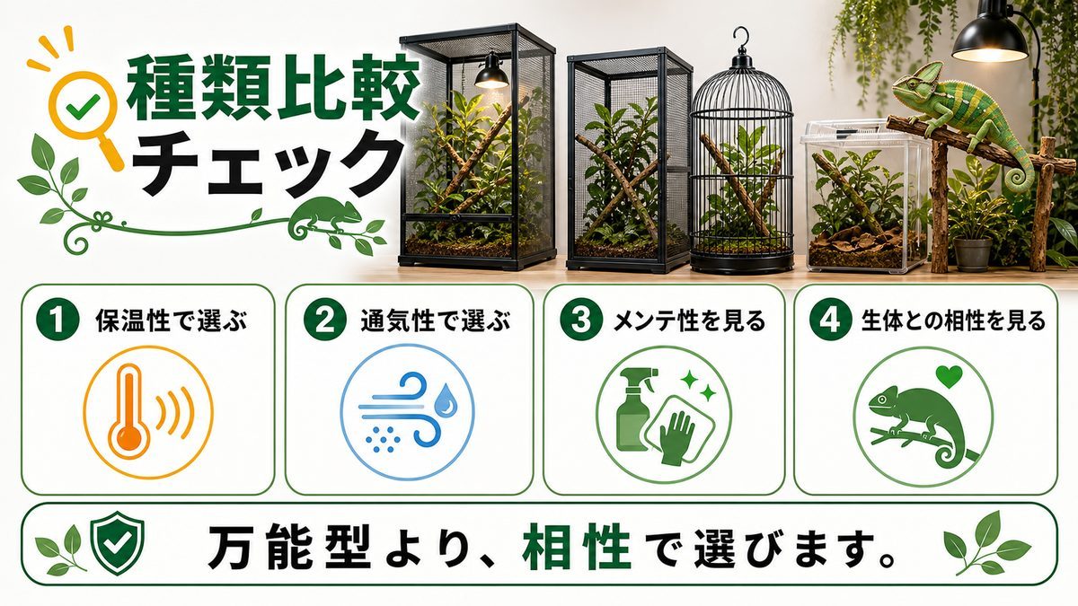 飼育ケージの種類についての要点をまとめたカメレオン・爬虫類飼育インフォグラフィック