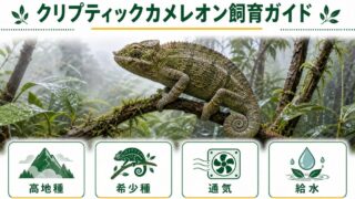 【クリプティックカメレオン】Calumma crypticum の特徴・生態・飼育方法を徹底解説！マダガスカル中央高地の中型希少種の要点を伝えるカメレオン・爬虫類記事アイキャッチ画像