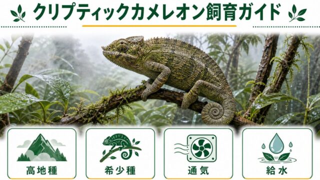 【クリプティックカメレオン】Calumma crypticum の特徴・生態・飼育方法を徹底解説！マダガスカル中央高地の中型希少種の要点を伝えるカメレオン・爬虫類記事アイキャッチ画像