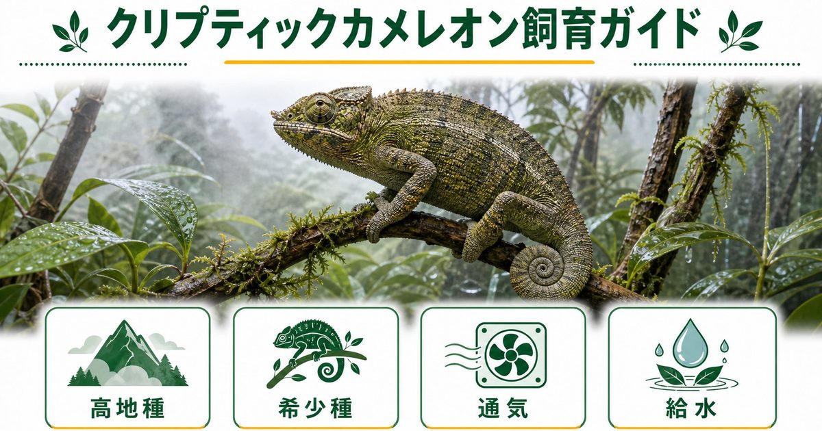 【クリプティックカメレオン】Calumma crypticum の特徴・生態・飼育方法を徹底解説！マダガスカル中央高地の中型希少種の要点を伝えるカメレオン・爬虫類記事アイキャッチ画像