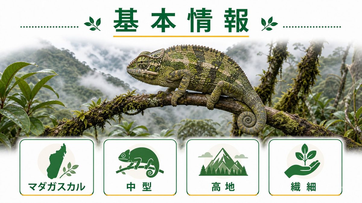 クリプティックカメレオン 基本情報の要点をまとめたカメレオン・爬虫類飼育インフォグラフィック