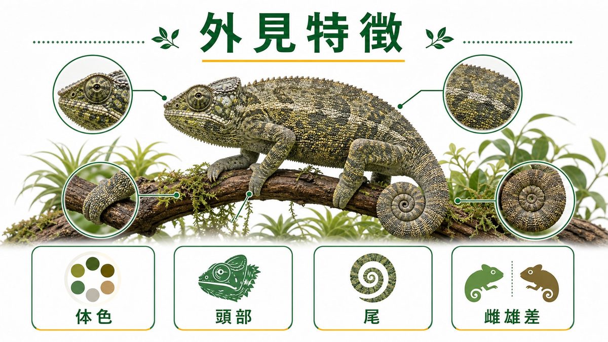 外見の特徴と雌雄の違いの要点をまとめたカメレオン・爬虫類飼育インフォグラフィック