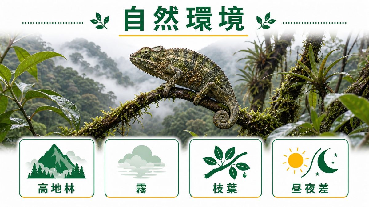 自然環境と生態の要点をまとめたカメレオン・爬虫類飼育インフォグラフィック