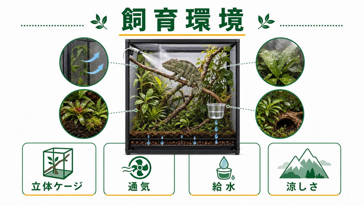飼育環境のセットアップの要点をまとめたカメレオン・爬虫類飼育インフォグラフィック