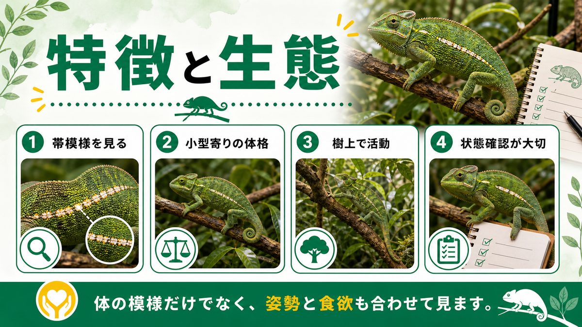 変わった見た目が人気の秘訣！？ハラオビカメレオンの特徴や生態について！の要点をまとめたカメレオン・爬虫類飼育インフォグラフィック