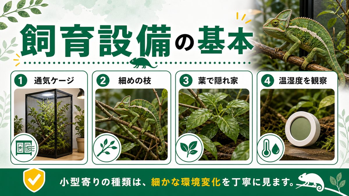ハラオビカメレオンの飼育設備についての要点をまとめたカメレオン・爬虫類飼育インフォグラフィック
