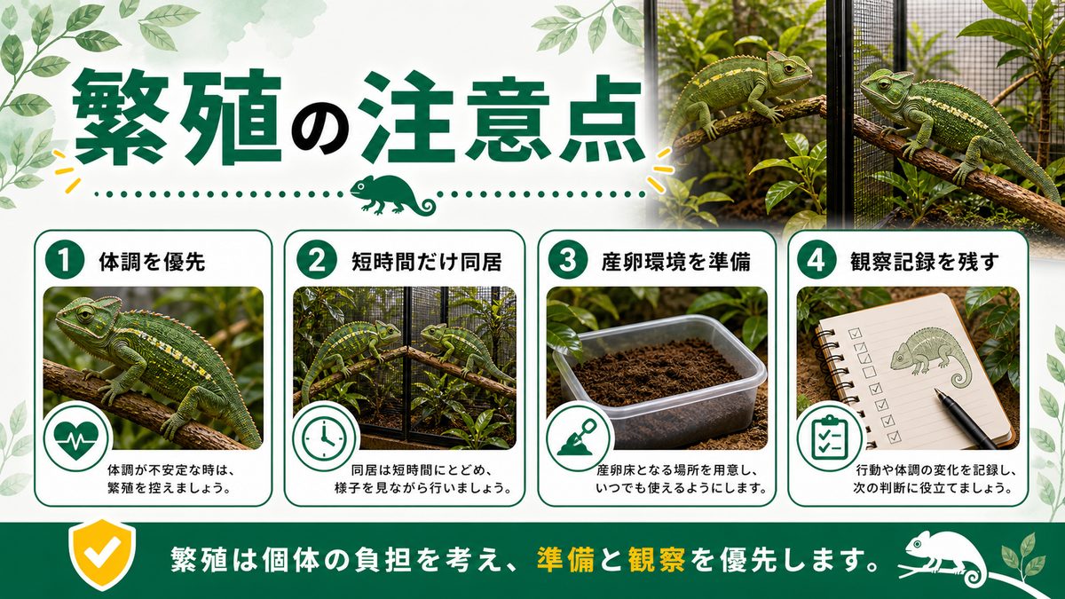 ハラオビカメレオンの繁殖についての要点をまとめたカメレオン・爬虫類飼育インフォグラフィック