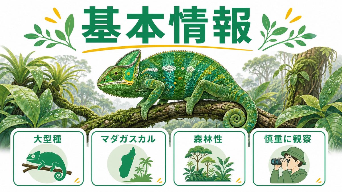 基本情報の要点をまとめたカメレオン・爬虫類飼育インフォグラフィック