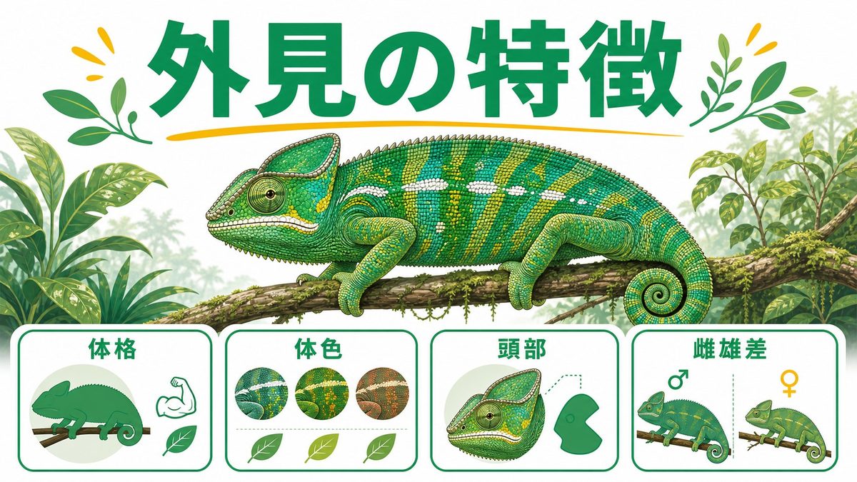 外見の特徴と雌雄の違いの要点をまとめたカメレオン・爬虫類飼育インフォグラフィック