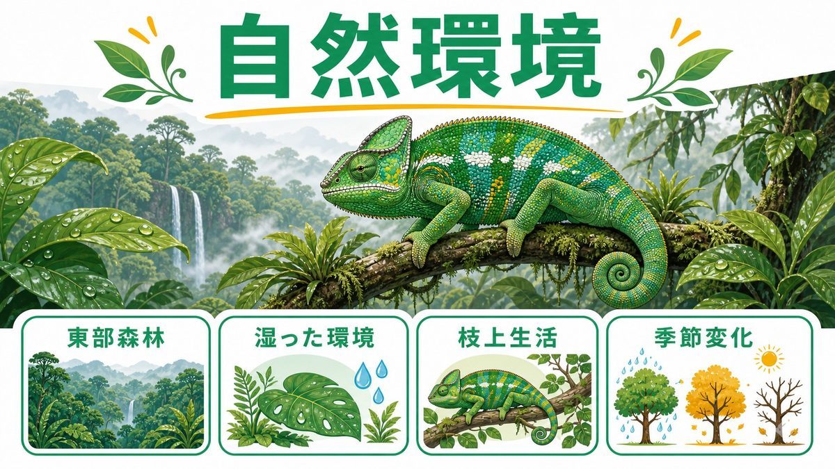 自然環境と生態の要点をまとめたカメレオン・爬虫類飼育インフォグラフィック