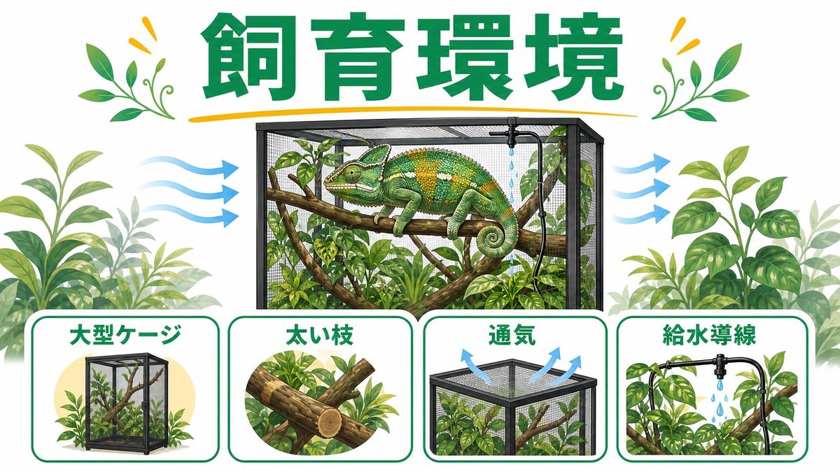 飼育環境のセットアップの要点をまとめたカメレオン・爬虫類飼育インフォグラフィック