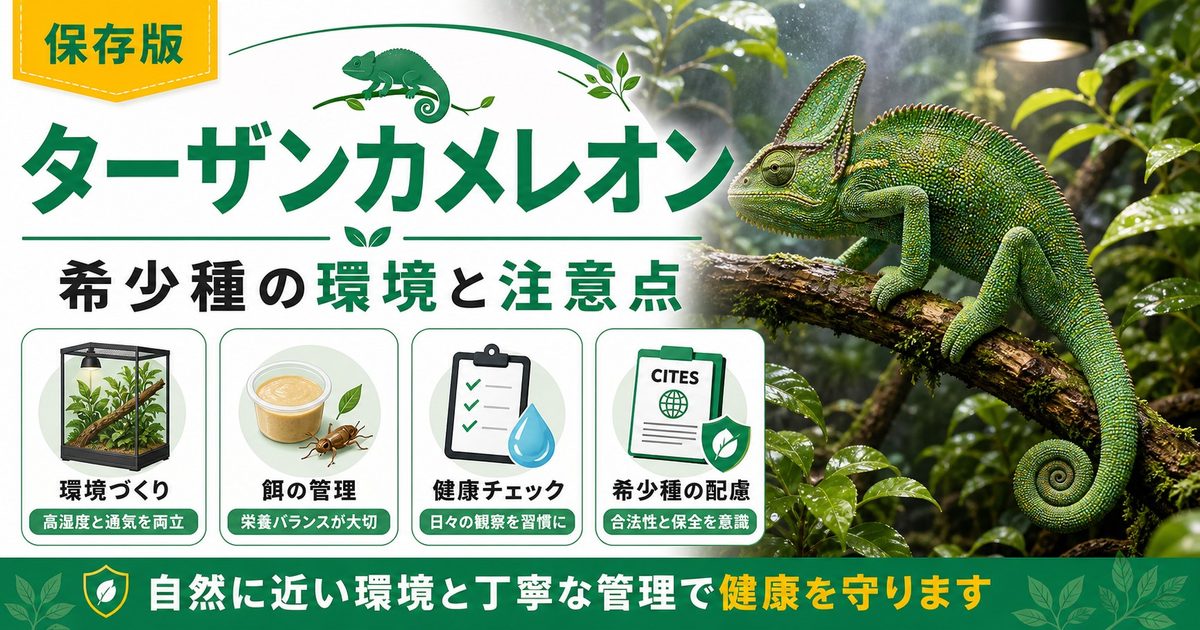【ターザンカメレオン】Calumma tarzan の特徴・生態・飼育方法を徹底解説！マダガスカル極希少のジャングル名カメレオンの要点を伝えるカメレオン・爬虫類記事アイキャッチ画像