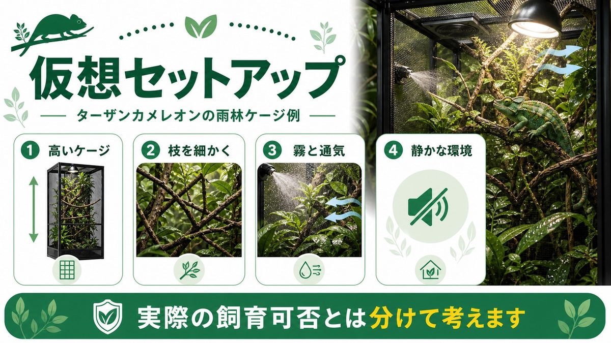 飼育環境のセットアップ(仮想ケーススタディ)の要点をまとめたカメレオン・爬虫類飼育インフォグラフィック