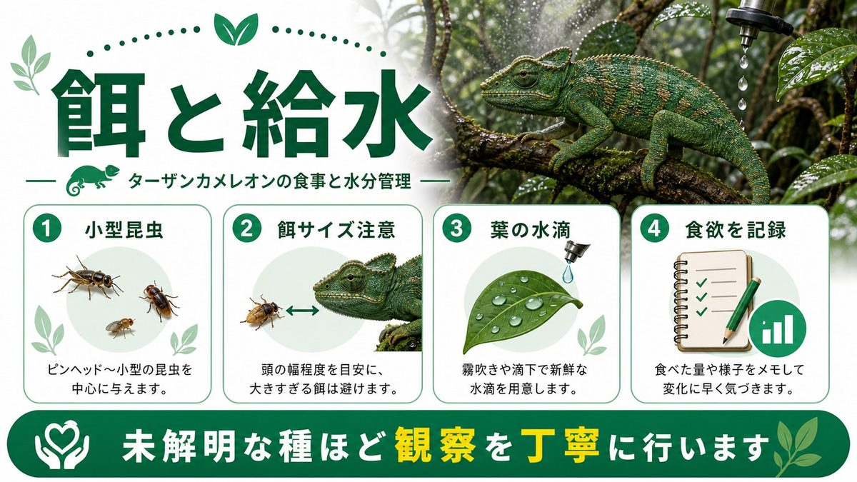餌と給水の要点をまとめたカメレオン・爬虫類飼育インフォグラフィック