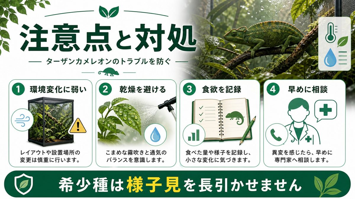 注意点と困ったときの対処の要点をまとめたカメレオン・爬虫類飼育インフォグラフィック