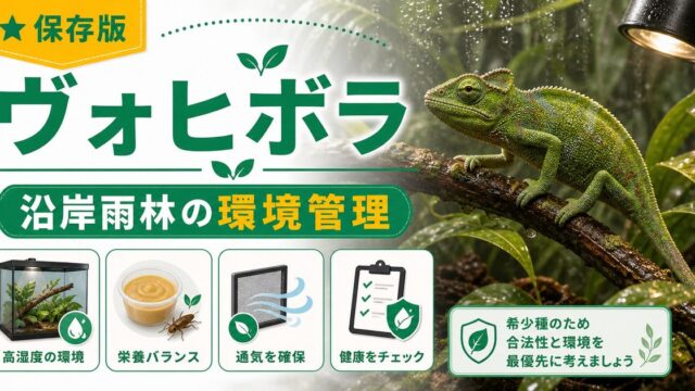 【カルンマ・ヴォヒボラ】Calumma vohibola の特徴・生態・飼育方法を徹底解説！マダガスカル東部沿岸の希少カメレオンの要点を伝えるカメレオン・爬虫類記事アイキャッチ画像