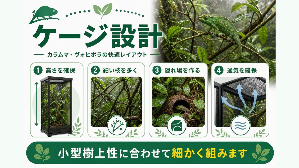 飼育環境のセットアップ - ケージ・レイアウトの要点をまとめたカメレオン・爬虫類飼育インフォグラフィック