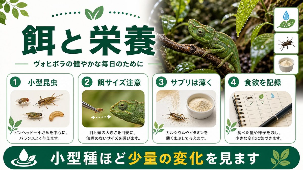餌と栄養管理の要点をまとめたカメレオン・爬虫類飼育インフォグラフィック